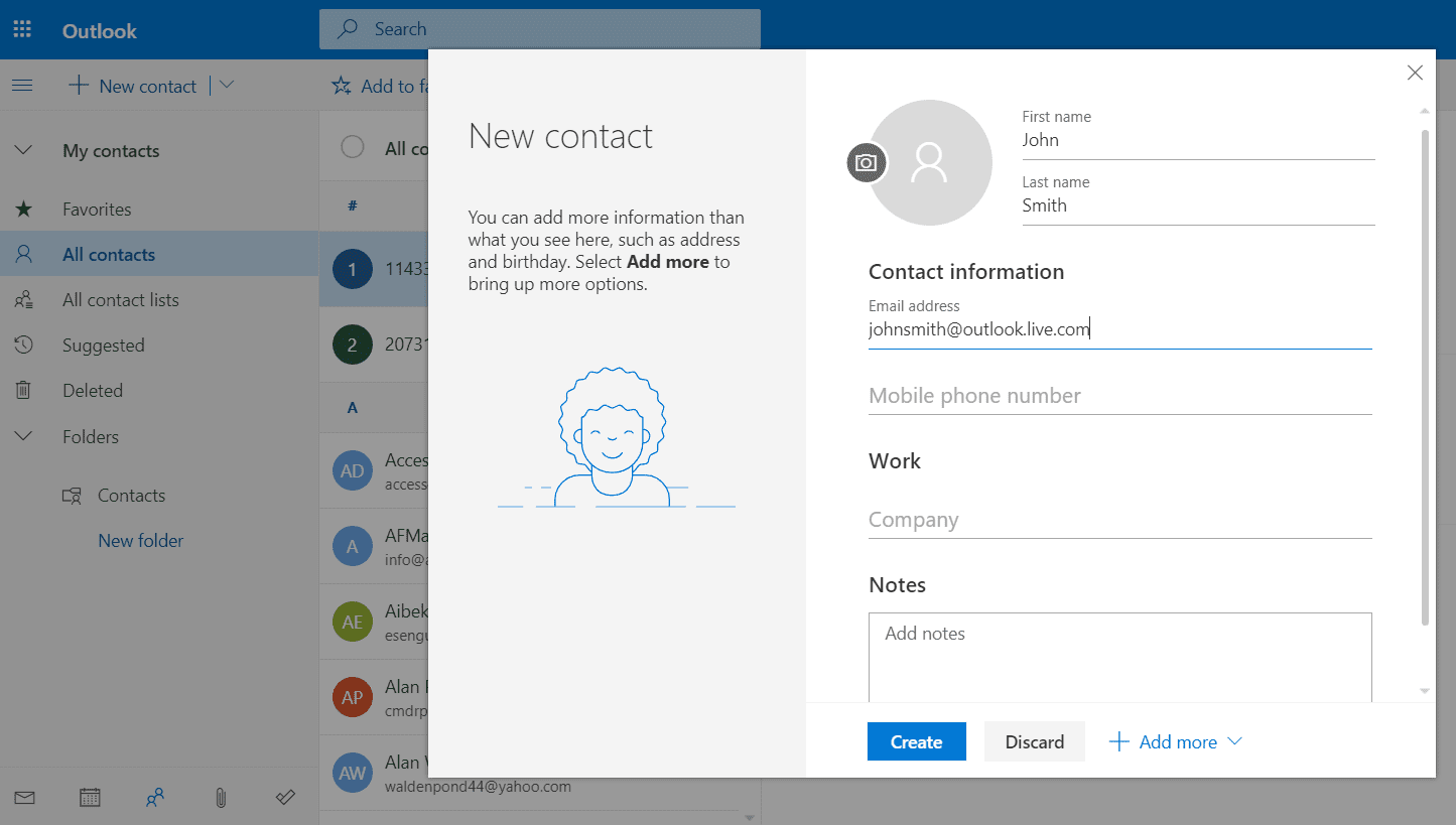 Screenshot přidání kontaktu v aplikaci Outlook Online