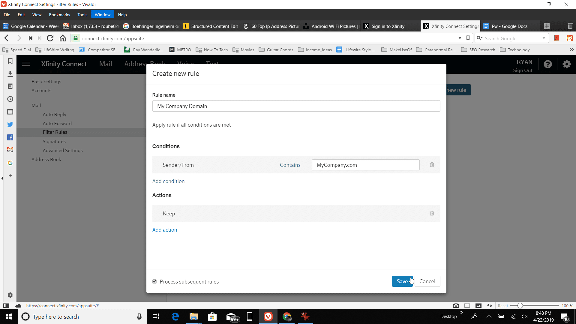 Screenshot přidání akce k pravidlu v Xfinity Mail