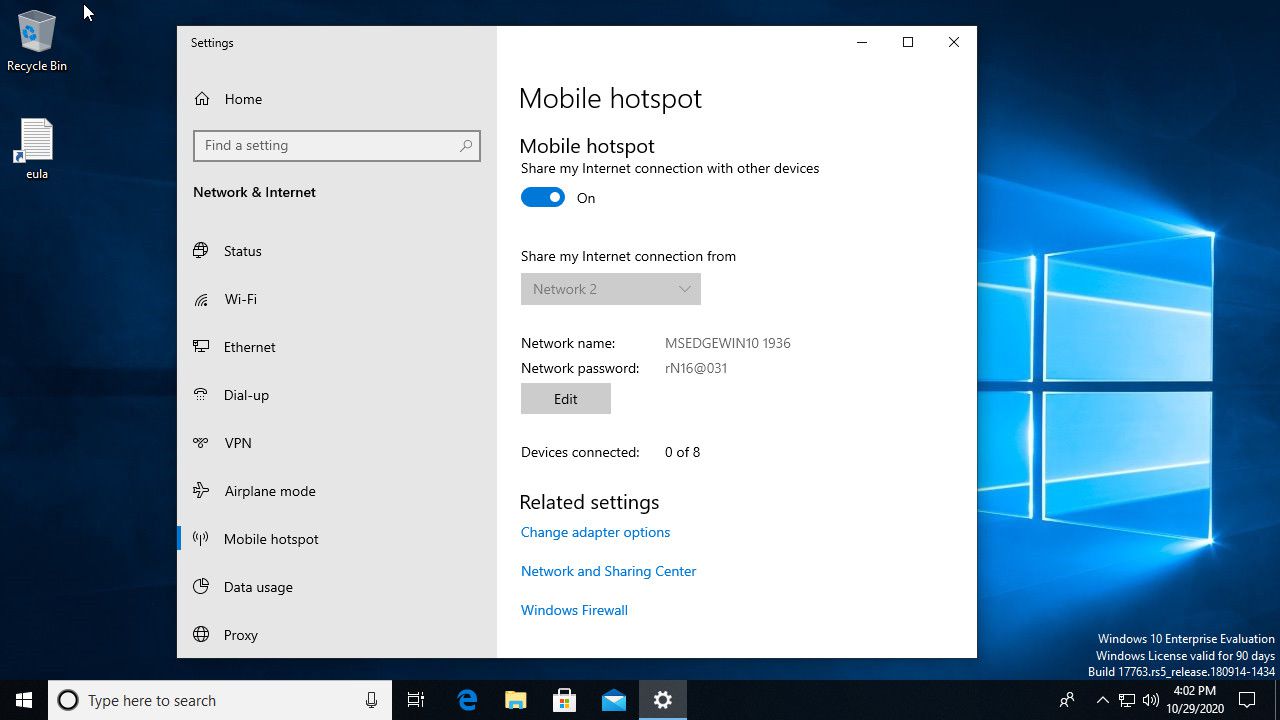 Mobilní hotspot Windows 10 povolen