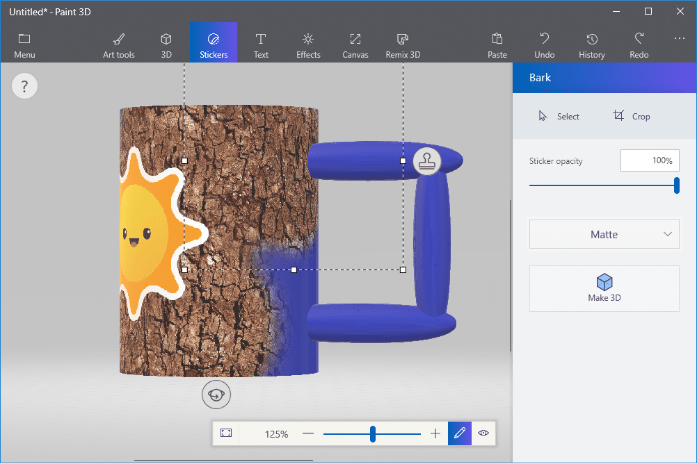 Screenshot ukazující, jak aplikovat texturové nálepky v aplikaci Paint 3D