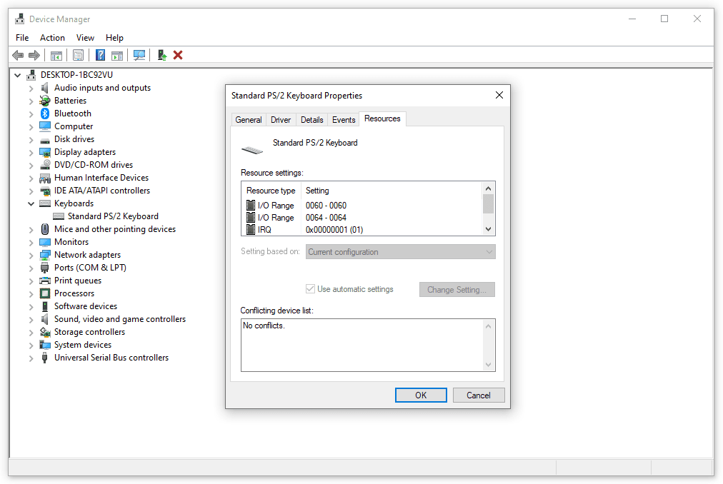 Vlastnosti IRQ klávesnice ve Správci zařízení