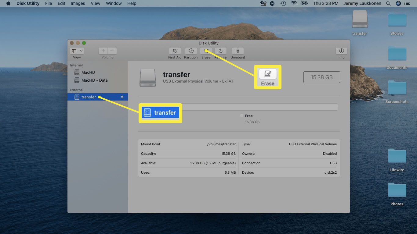 Snímek obrazovky Disk Utility v systému macOS.