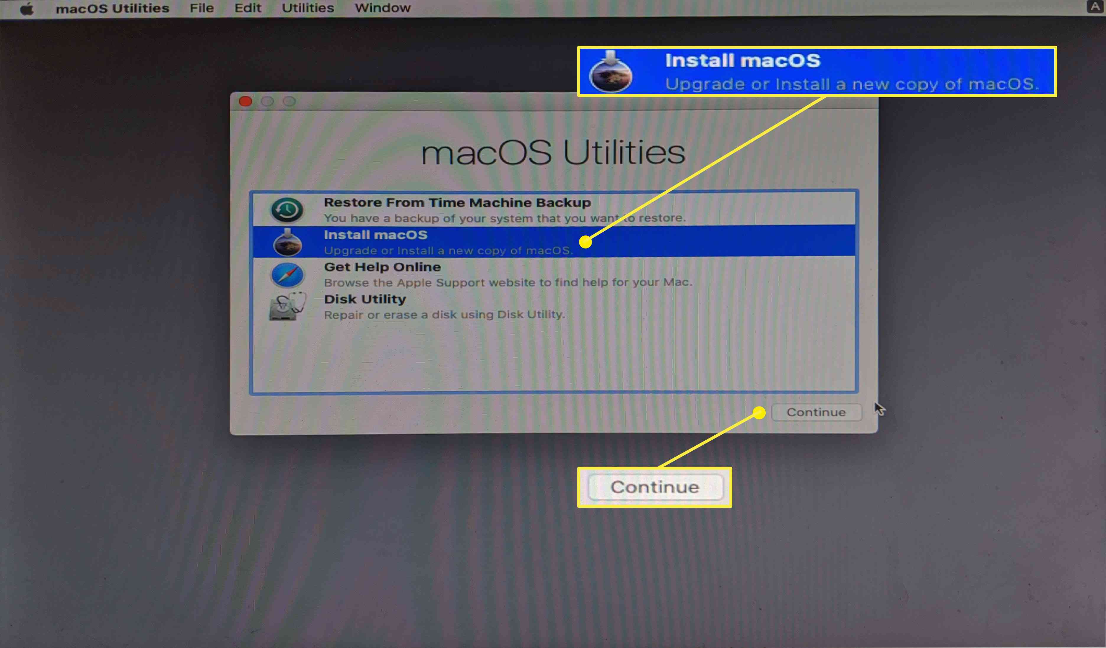 Snímek obrazovky s nástroji macOS Utility v systému macOS.