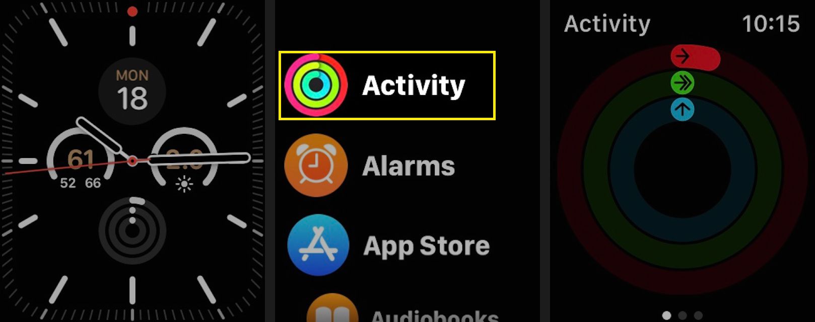 Spusťte na svém Apple Watch aplikaci Activity.  (Ikona aplikace zobrazuje tři zazvonění.)