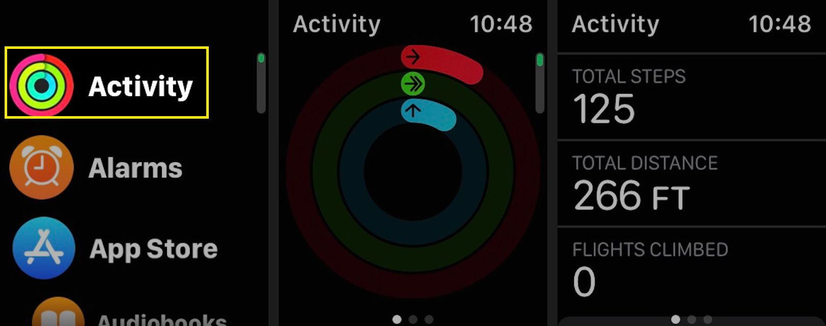 Chcete-li zkontrolovat svůj aktuální počet kroků a počet stoupání po schodech, spusťte na svém Apple Watch aplikaci Activity a poté přejděte dolů a zobrazte si aktuální celkový počet kroků, celkovou vzdálenost a vylezené lety.