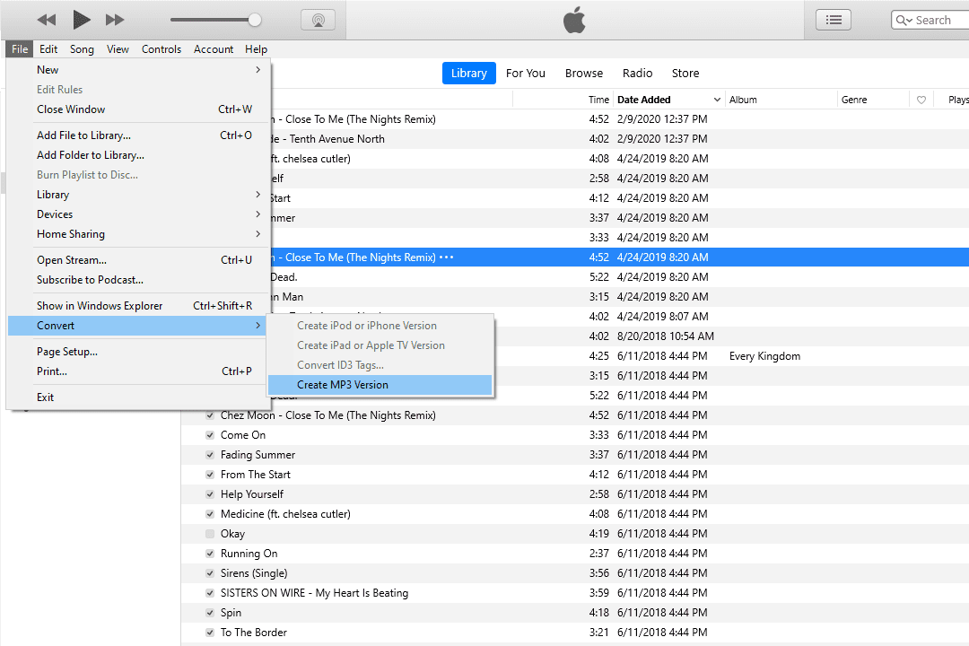 Možnost Vytvořit verzi MP3 zvýrazněná v nabídce Převést iTunes