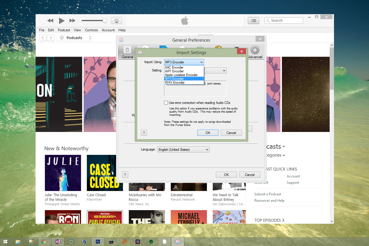 Screenshot nastavení importu iTunes s vybraným kodérem MP3