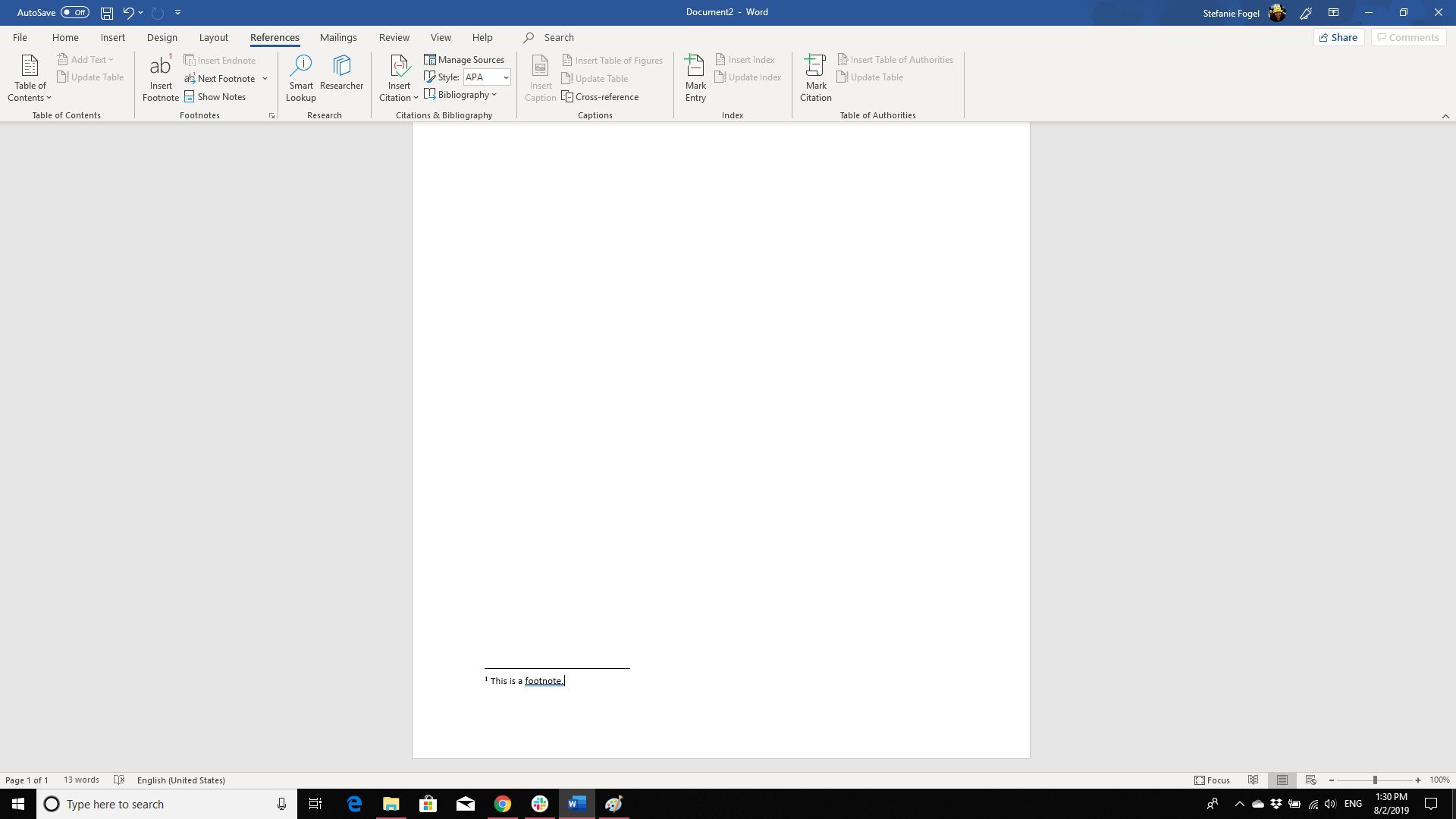 Screenshot poznámky pod čarou v Microsoft Word 365