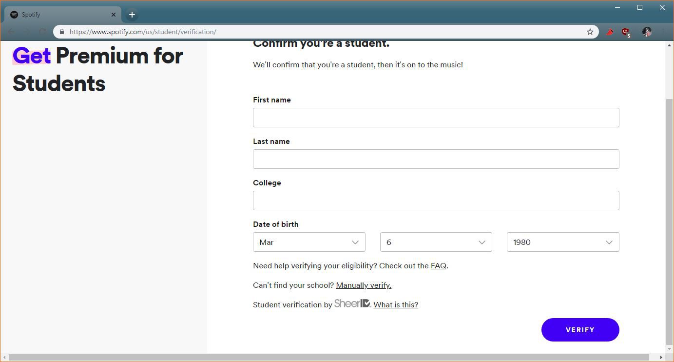Snímek obrazovky s ověřovací slevou studentů Spotify.