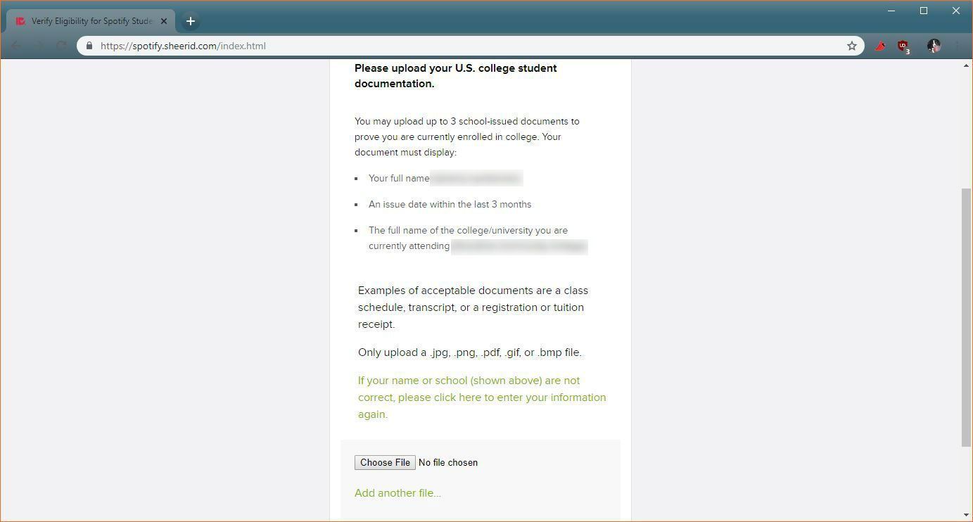 Snímek obrazovky procesu ručního ověření slevy studentů Spotify.