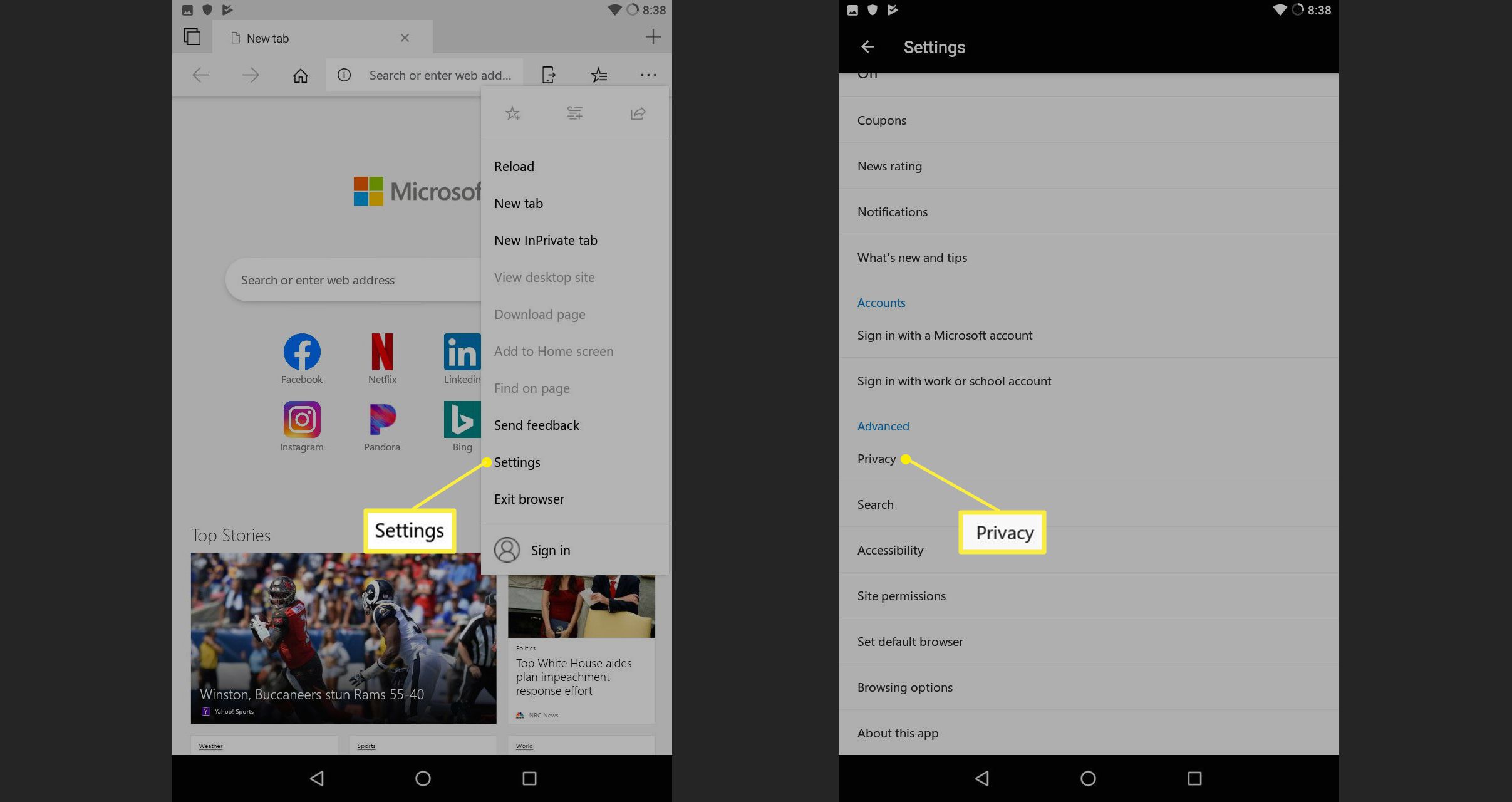 Nastavení Androidu Microsoft Edge s vybranou ochranou osobních údajů