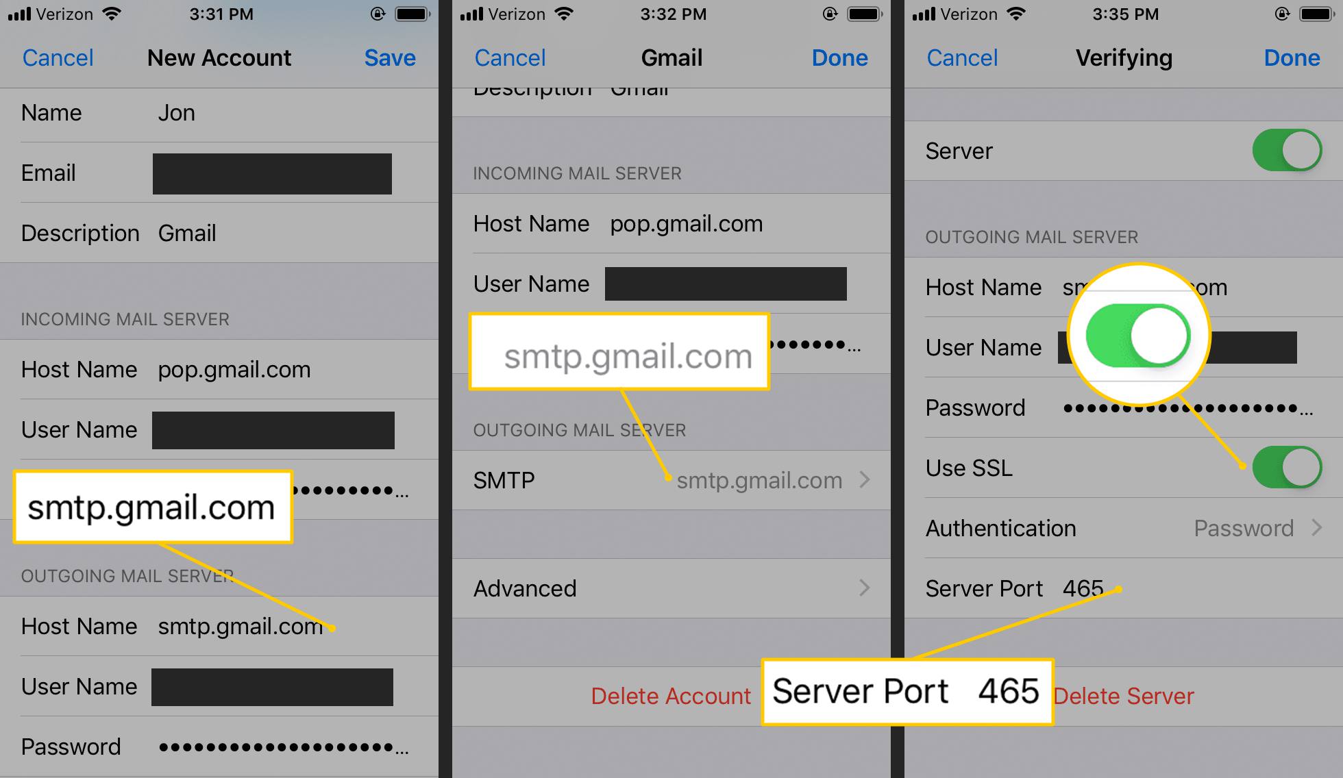 smtp.gmail.com, přepínač SSL zapnut a port serveru 465 v nastavení Gmailu pro iOS