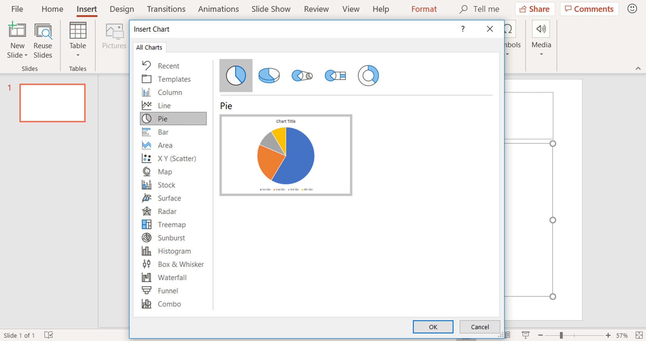 Snímek obrazovky ukazující, jak vybrat výsečový graf v aplikaci PowerPoint