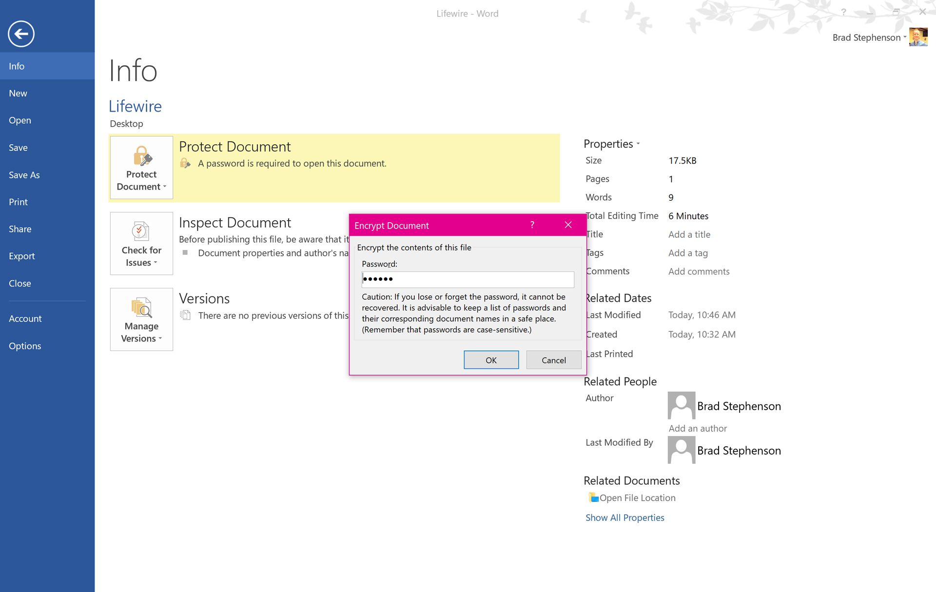 Změna hesla v chráněném souboru dokumentu Microsoft Word ve Windows 10.