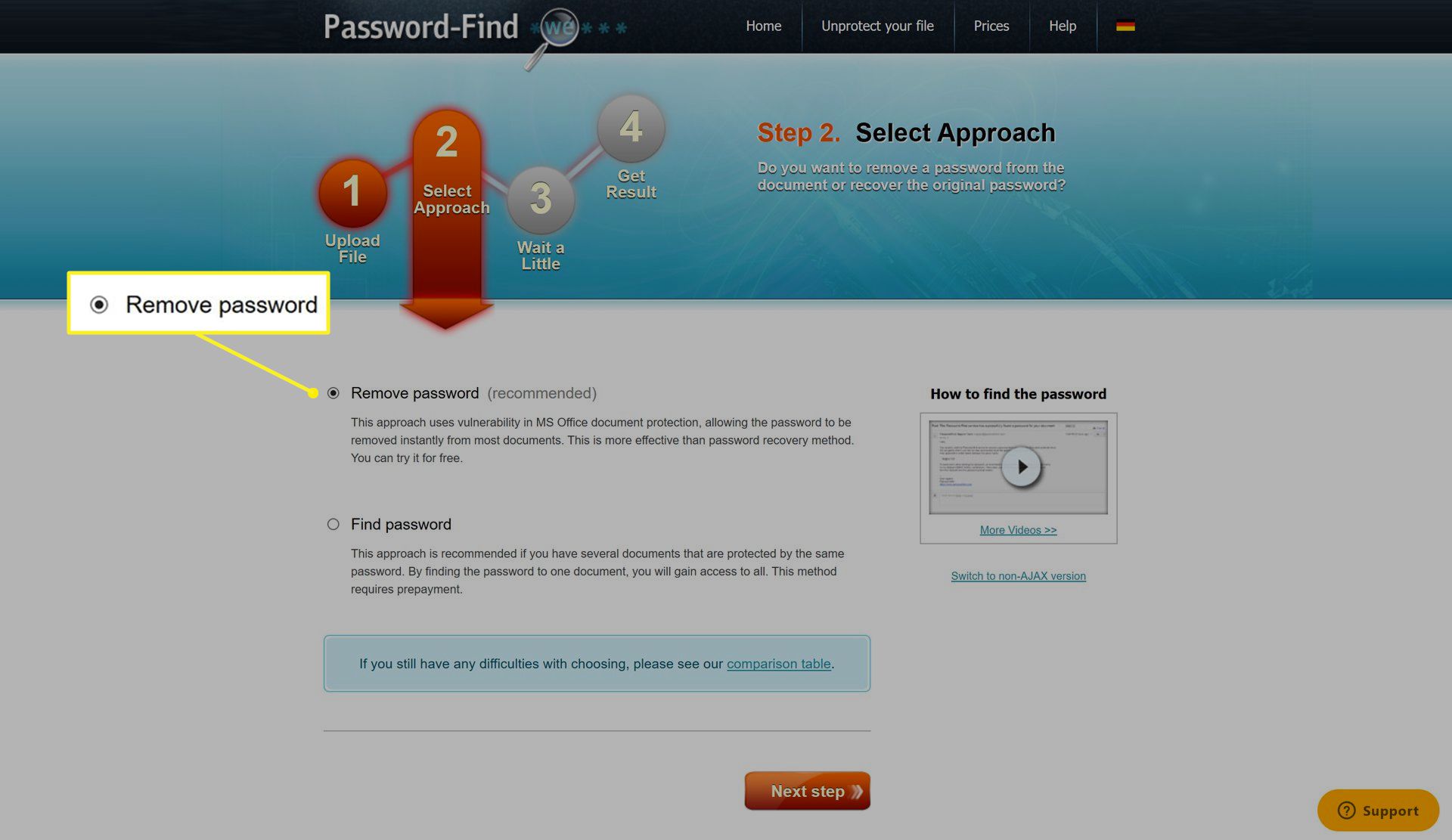 Web pro nalezení hesla s vybraným Odebrat heslo