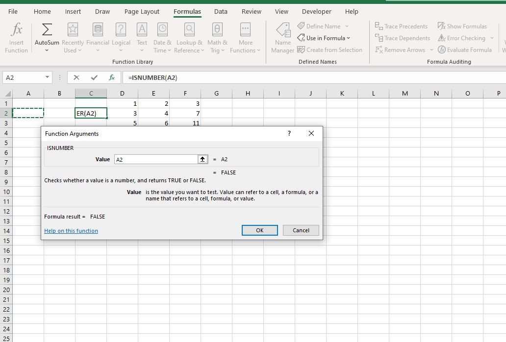 Hodnota A2 v dialogovém okně argumenty funkce ISNUMBER
