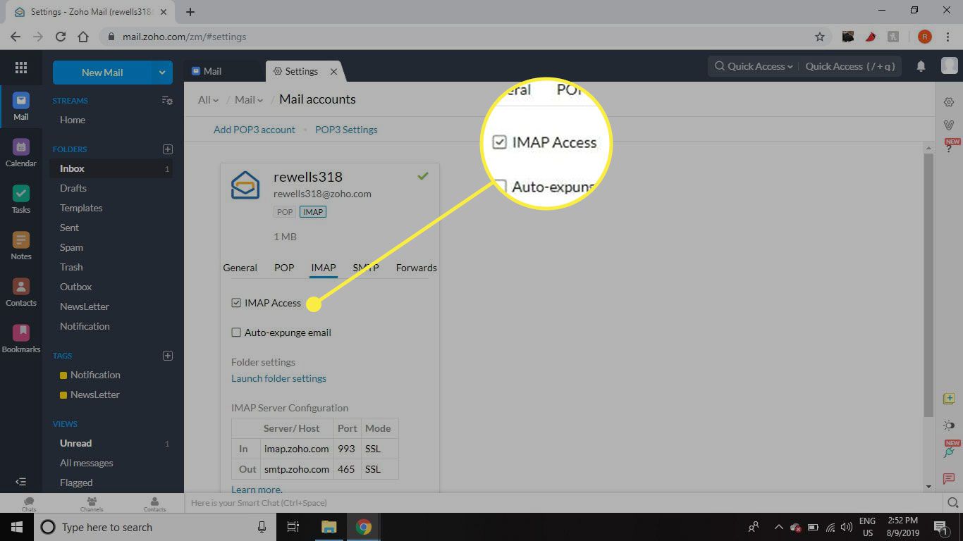 Snímek obrazovky Zoho Mail se zvýrazněnou možností IMAP Access