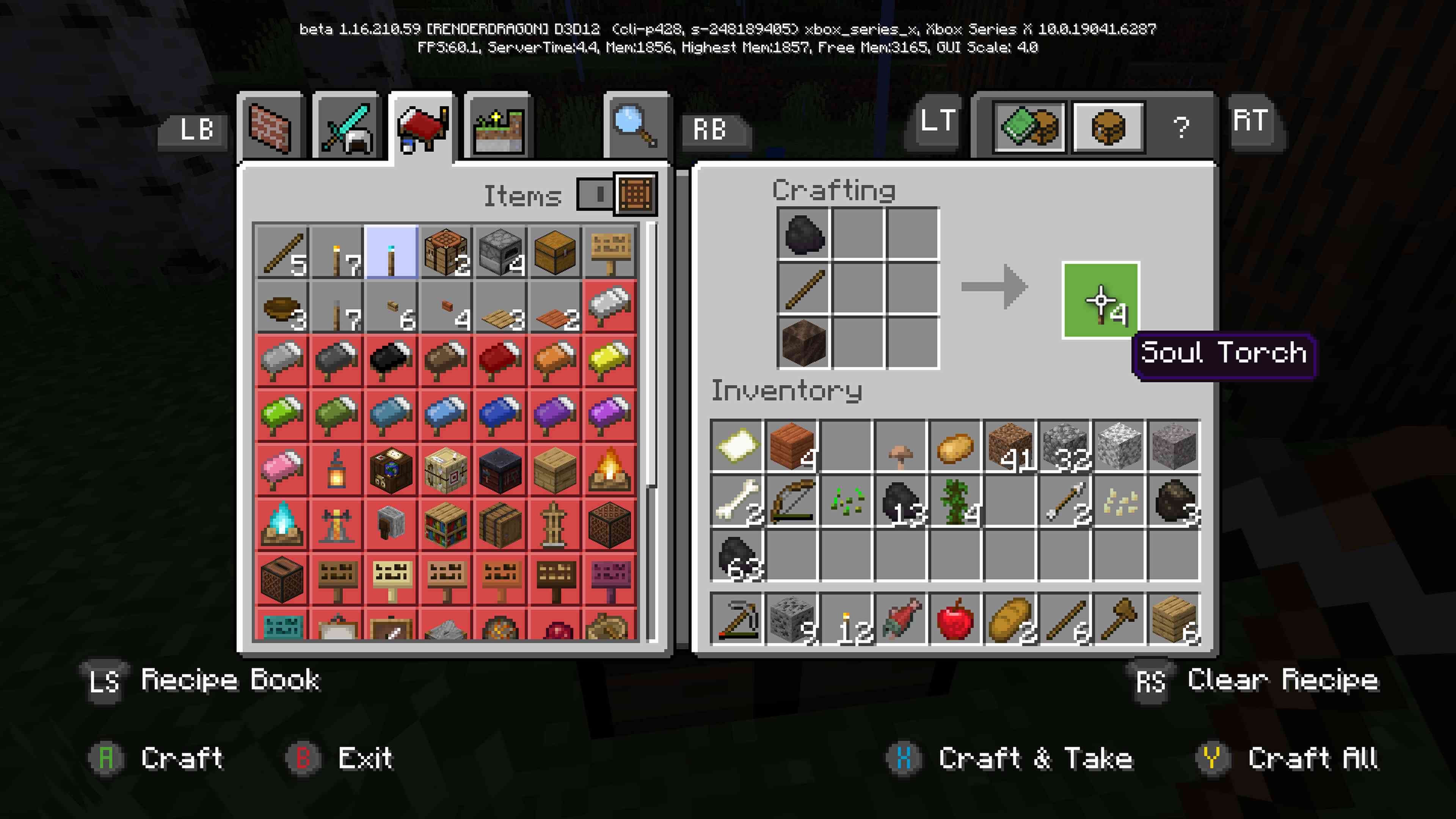 Minecraft crafting grid s zvýrazněnou recepturou Soul Torch