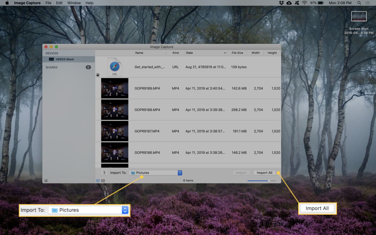 Screenshot z importu videí pomocí Image Capture.