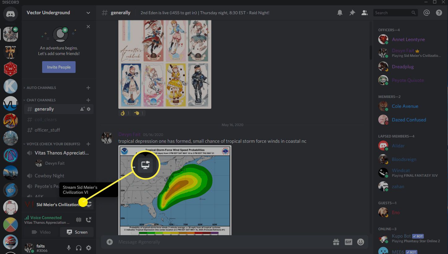 Snímek obrazovky uživatele Discord v hlasovém kanálu.