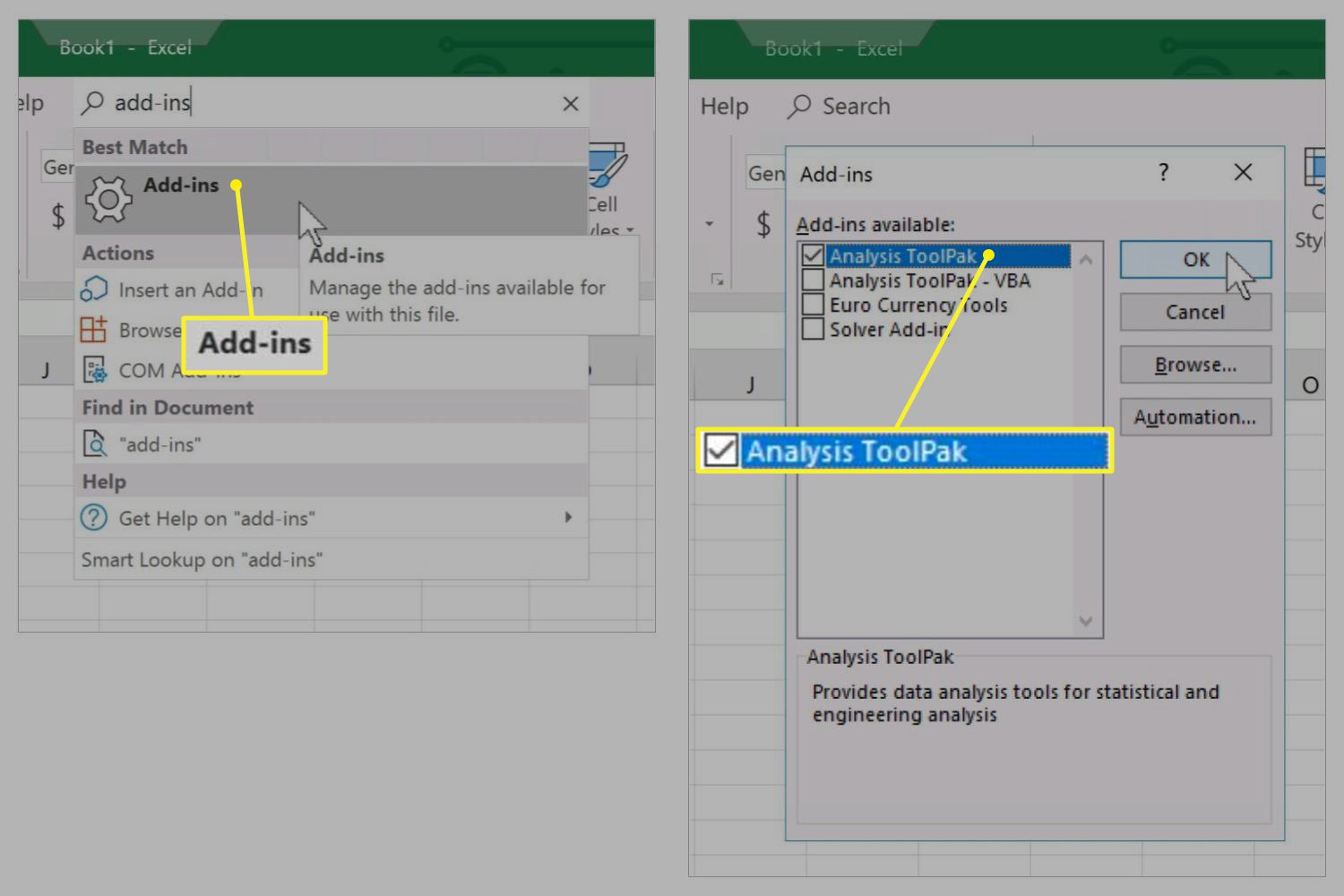 Doplňky vybrané s nástrojem Analysis ToolPak