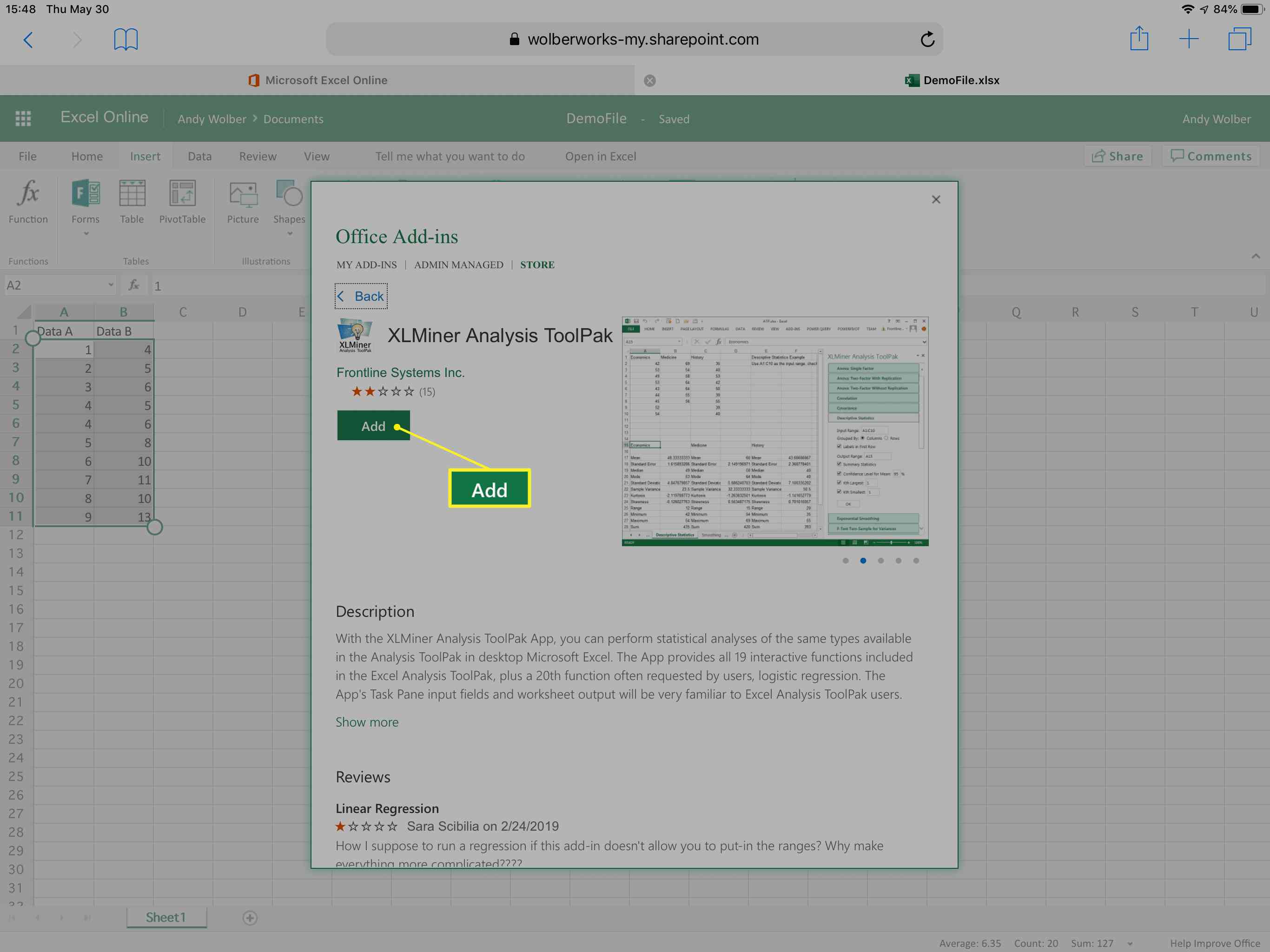 XLMiner Analysis ToolPak se zvýrazněným tlačítkem Přidat