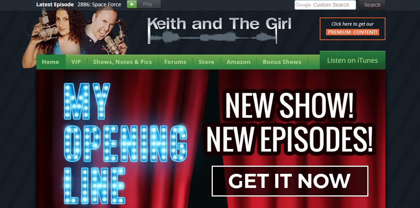Snímek obrazovky z webové stránky podcastu komediální talk show Keith and The Girl.