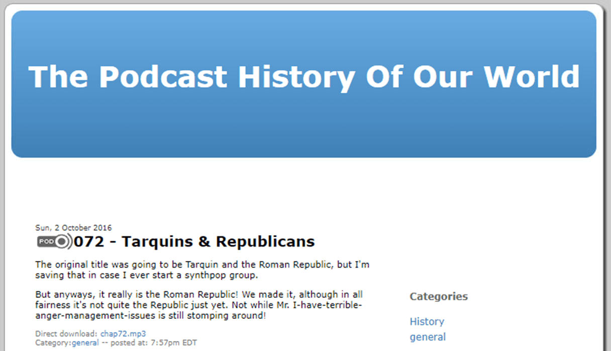 Snímek obrazovky s webem The Podcast History of our World.