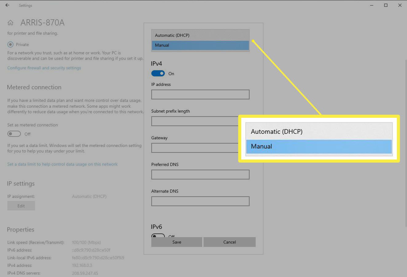 Přepnutí nastavení IP z automatického na ruční v nastavení systému Windows