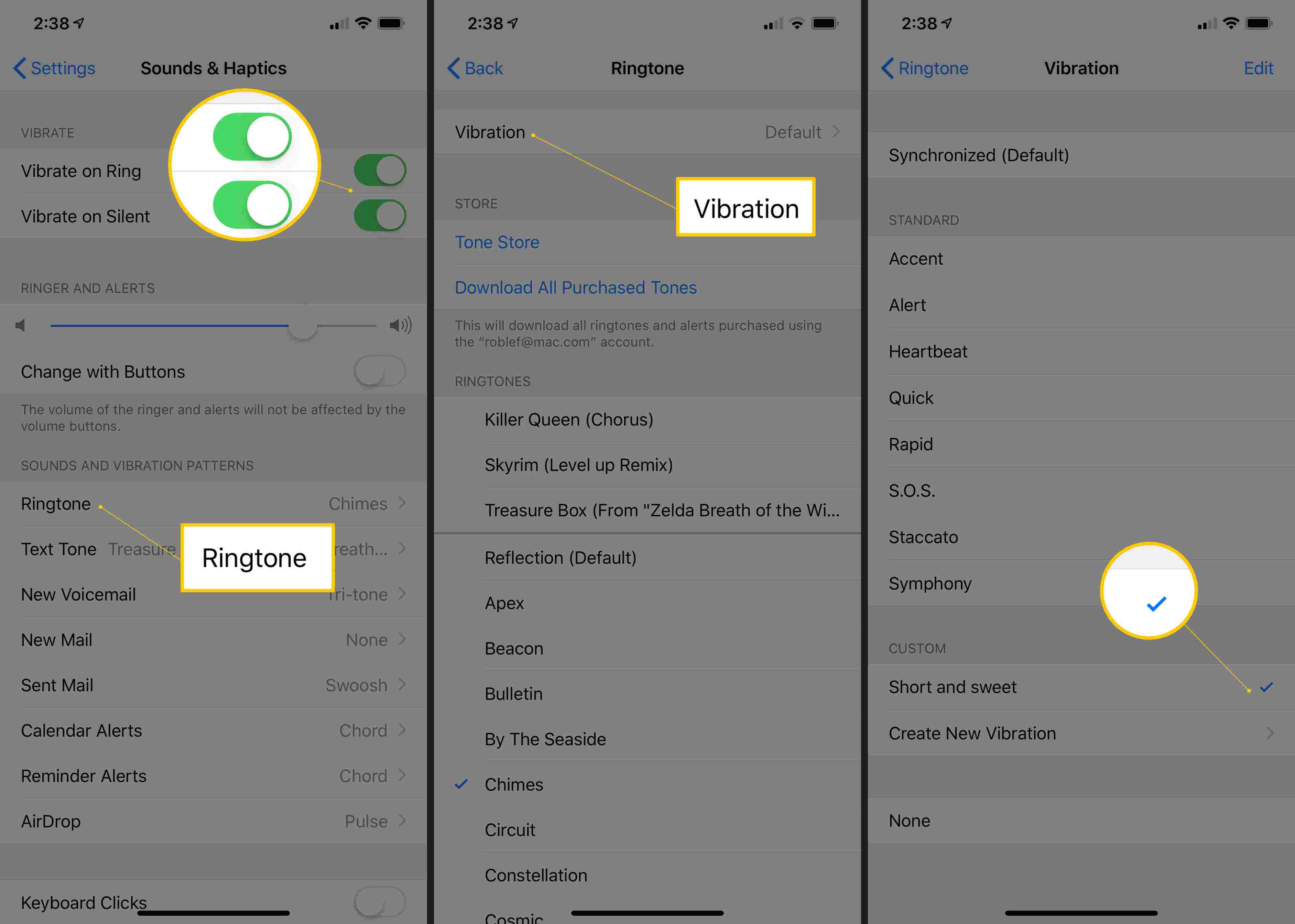 Tři obrazovky iOS s přepínáním Vibrace na vyzvánění a Ticho, Tlačítko vyzvánění, Tlačítko Vibrace a značka zaškrtnutí