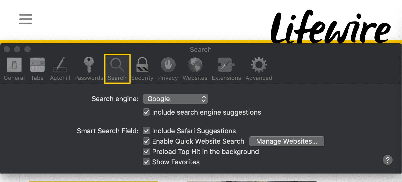 Předvolby vyhledávání Safari pro macOS