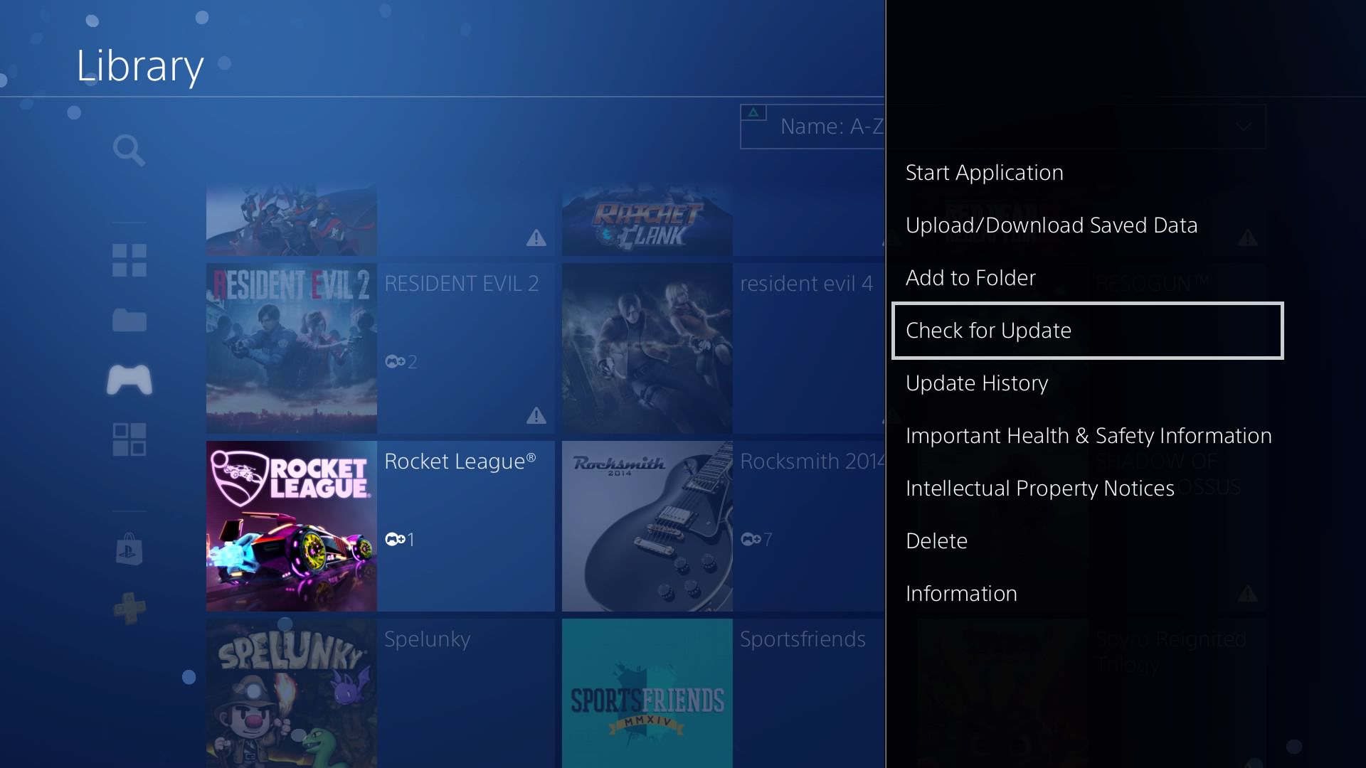 Kontrola aktualizací Rocket League na PS4.