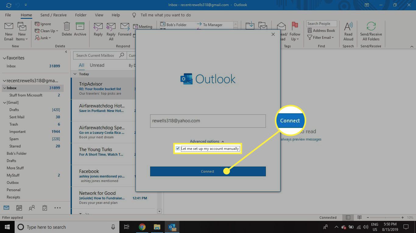 Screenshot obrazovky aplikace Outlook Přidat účet se zvýrazněnou možností Ruční a Připojit