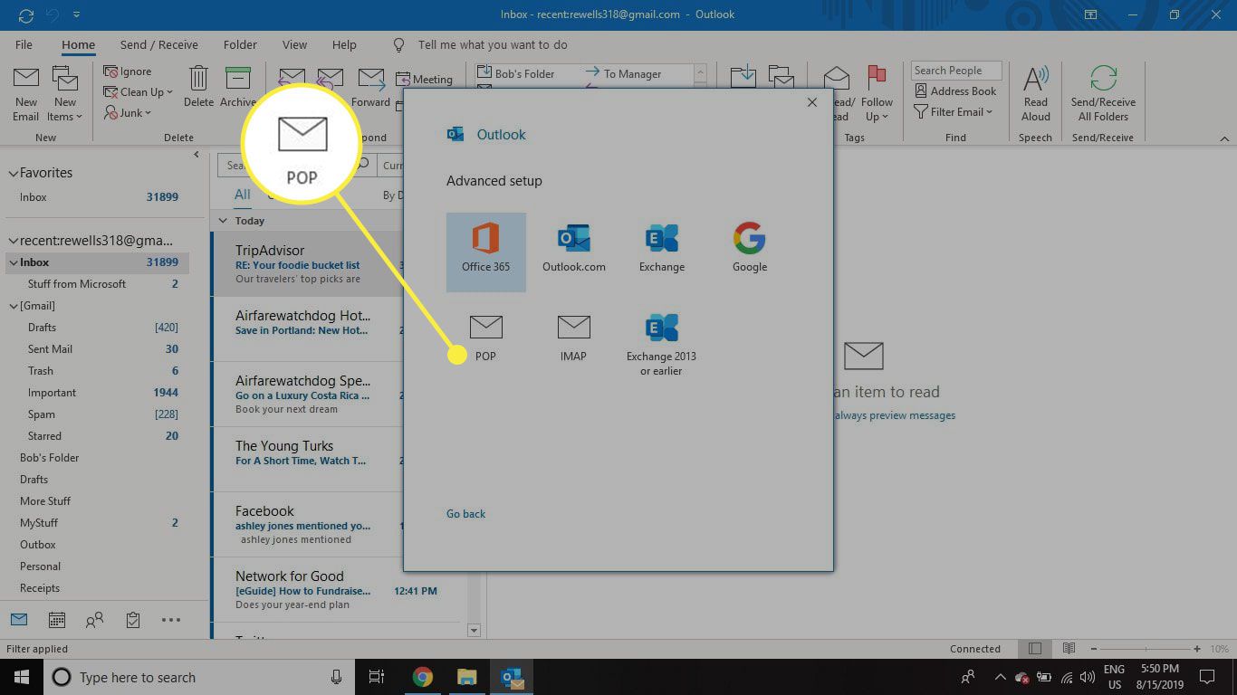 Screenshot obrazovky aplikace Outlook Přidat účet se zvýrazněnou možností POP