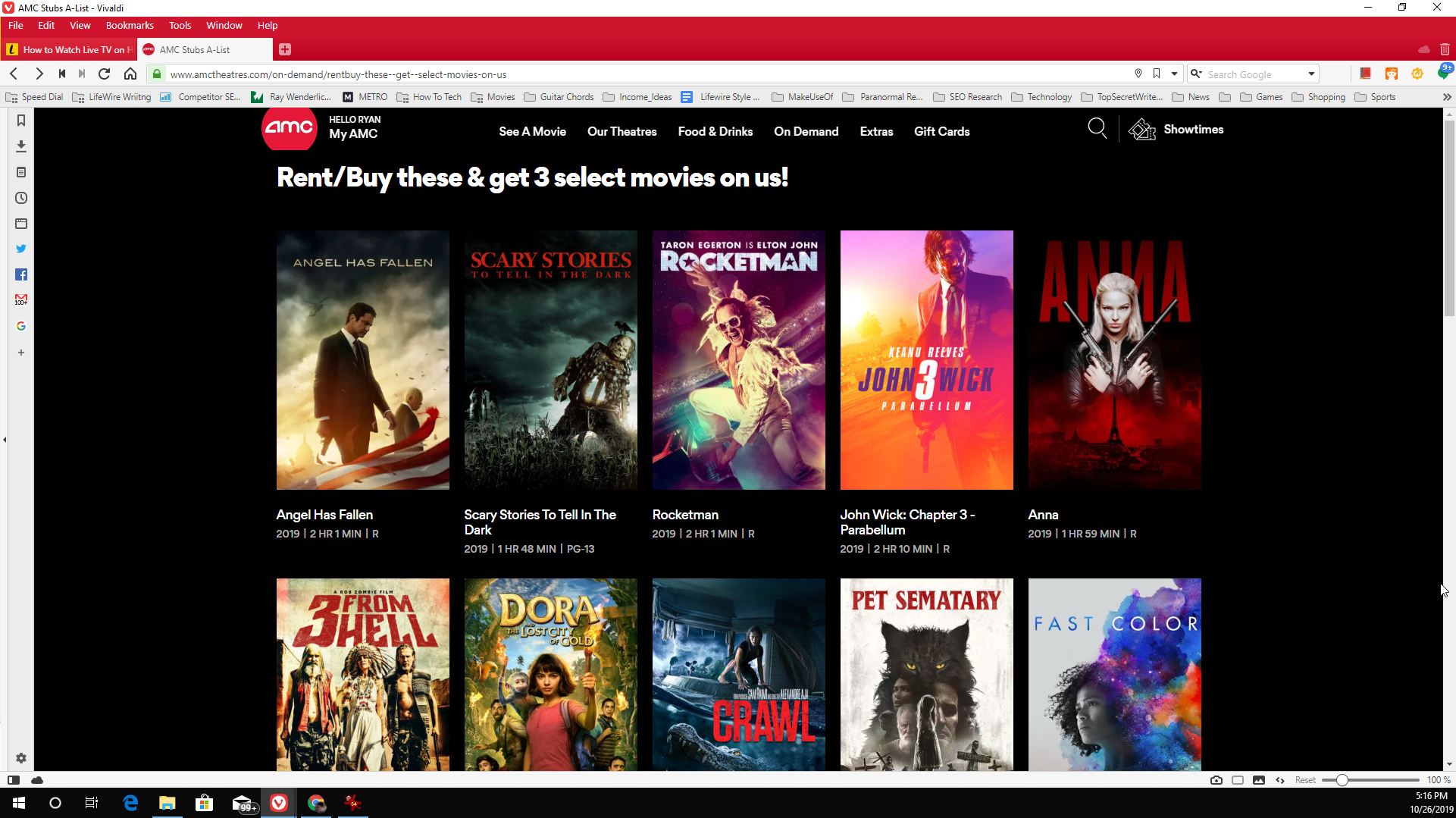 Screenshot ze seznamu filmů AMC Theatres Movies on Demand