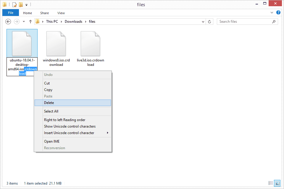 Screenshot ukazující, jak odstranit příponu CRDOWNLOAD z názvu souboru