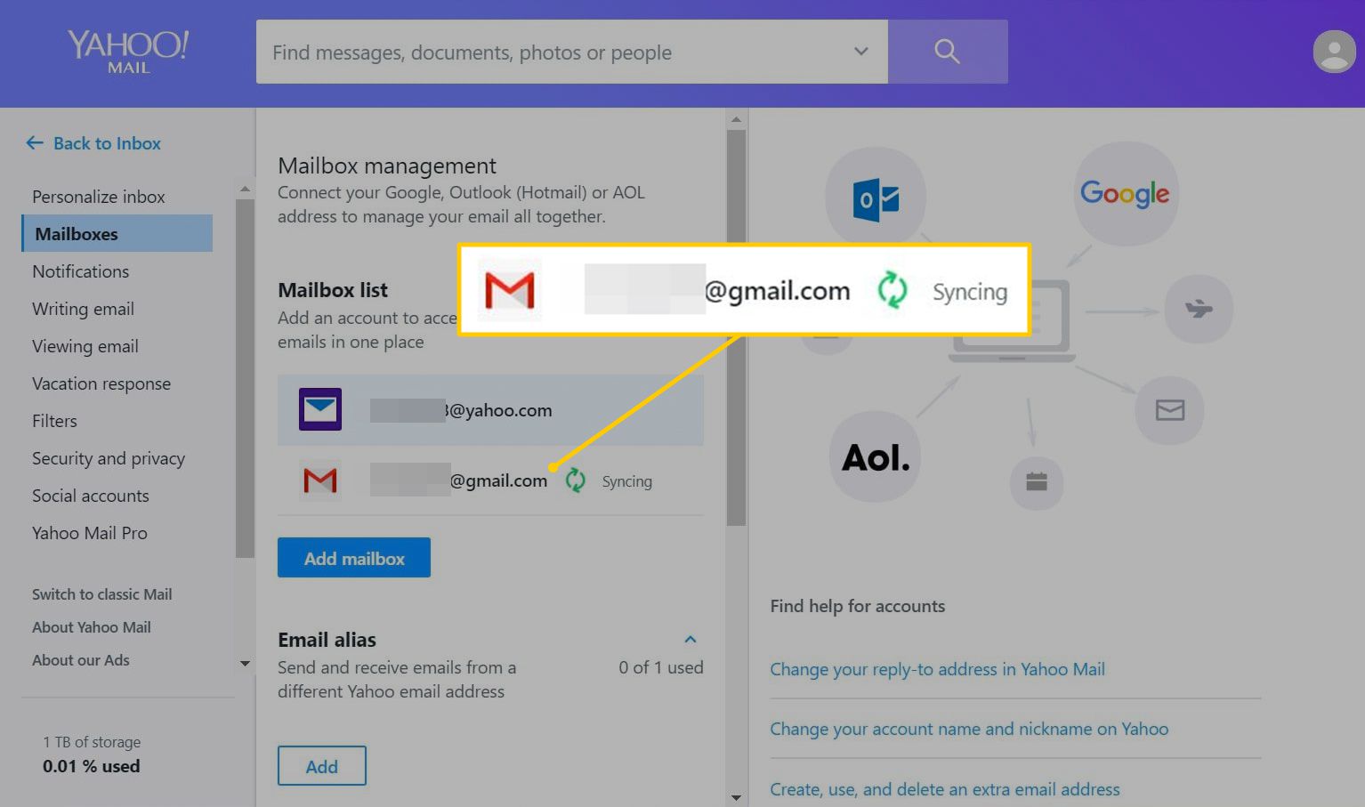 Druhá synchronizace e-mailů v Yahoo Mail na webu