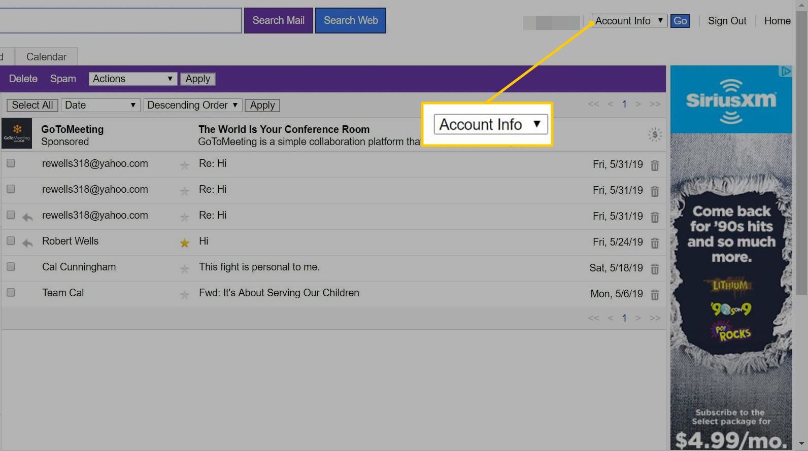 Nabídka Informace o účtu v Yahoo Mail Basic