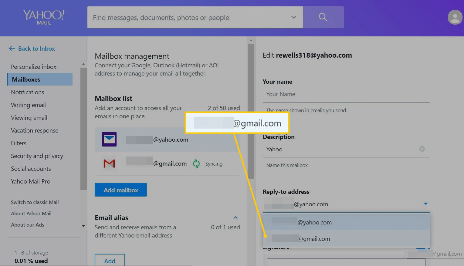 Nová adresa pro odpověď v Yahoo Mail na webu