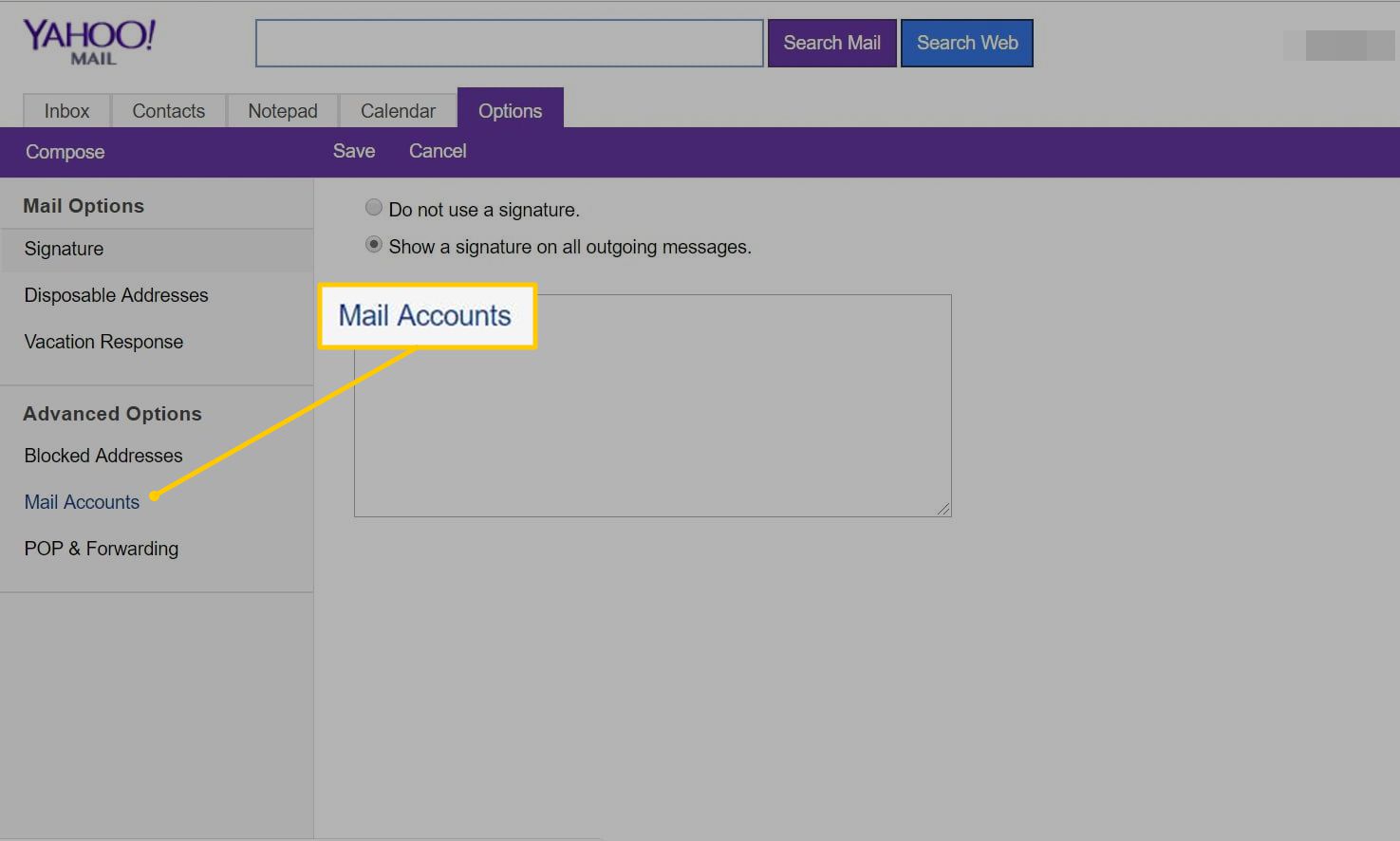 Odkaz na poštovní účty v Yahoo Mail na webu