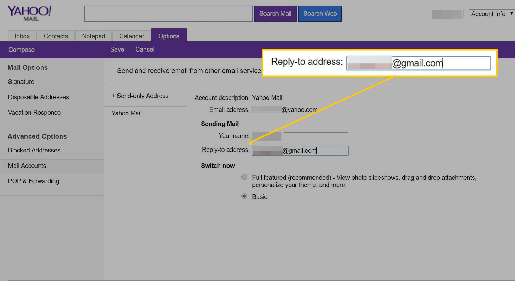 Pole adresy pro odpověď v Yahoo Mail Basic