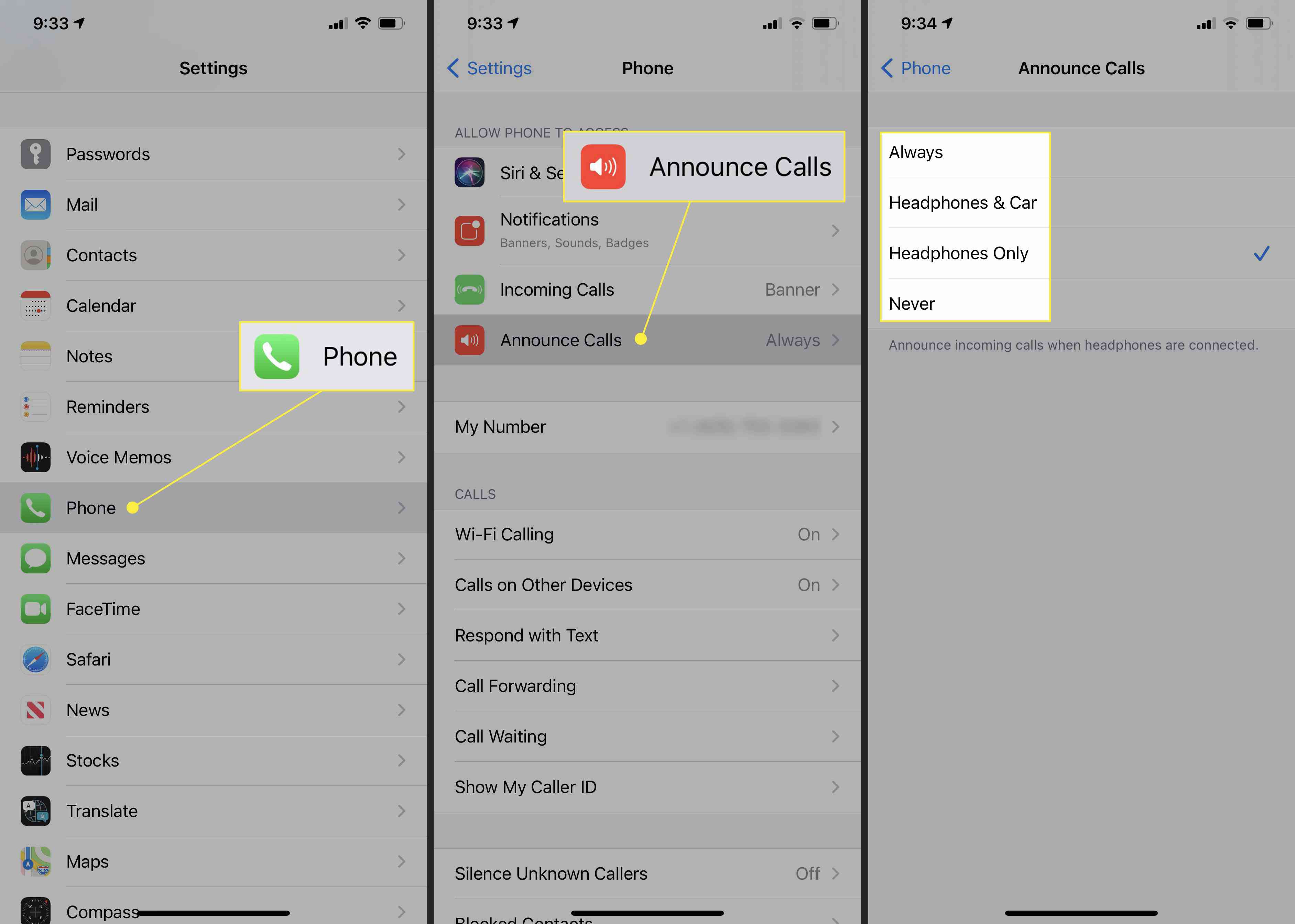 Nastavení možnosti ohlašování hovorů na AirPods na iPhone.