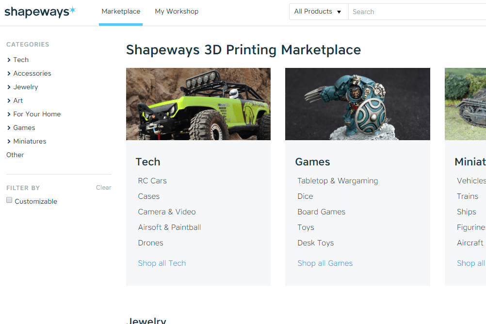 Screenshot zobrazující 3D tištěné objekty, které si můžete zakoupit na Shapeways