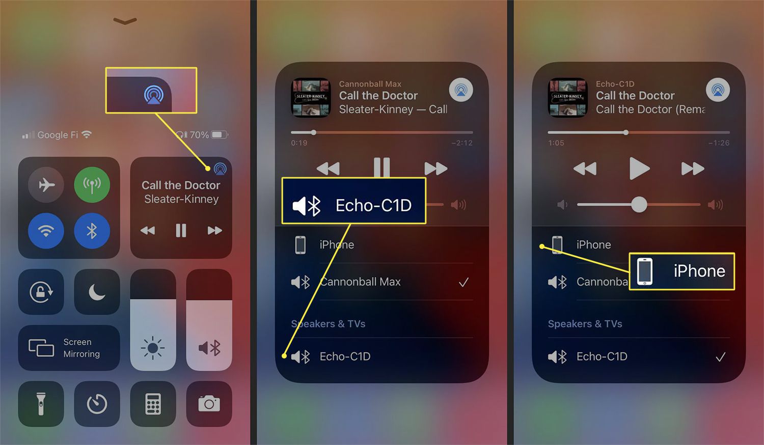 Ovládání výstupu do Echo Dot prostřednictvím iOS Control Center.