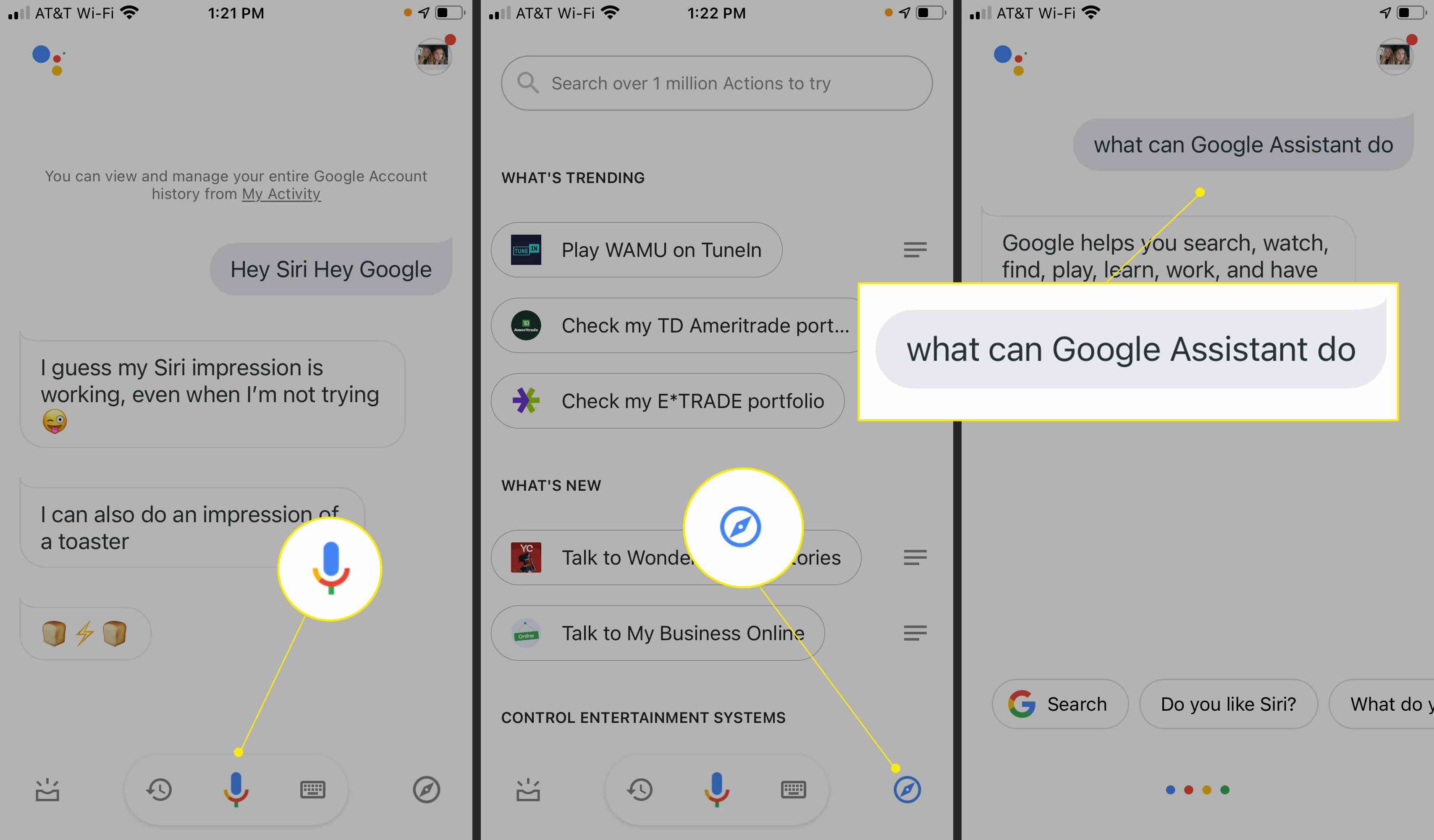 Aplikace Google Assistant se zvýrazněným mikrofonem, kompasem a textem „Co může Google Assistant dělat“