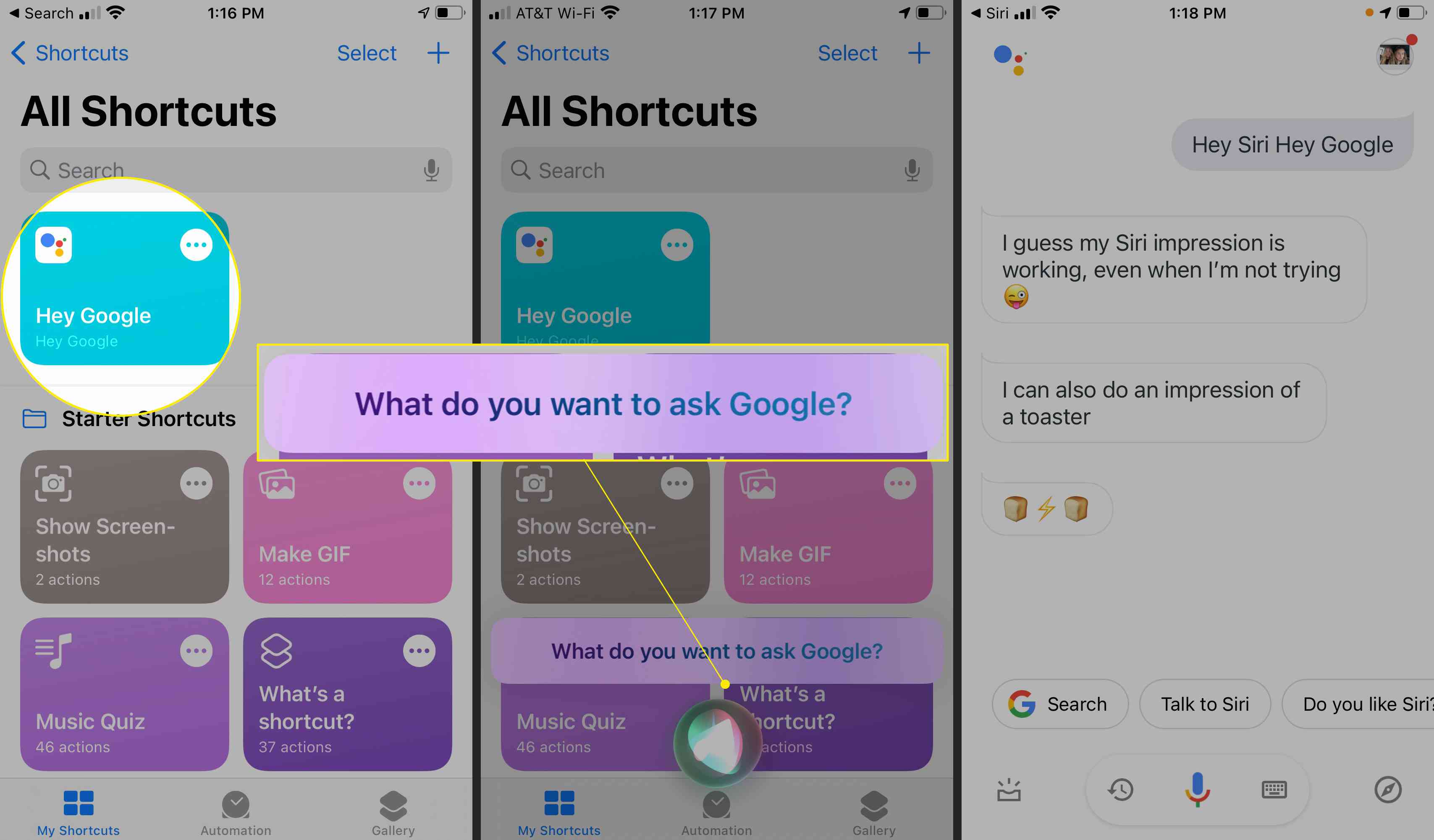 Obrazovka zástupce se zvýrazněním „Hey Google shortcut“, „What you want to ask Google“, s chatem aplikace asistenta