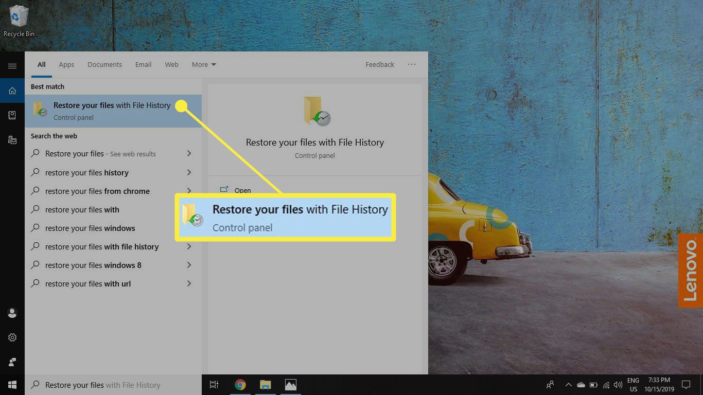 Do vyhledávacího pole Windows zadejte Obnovit soubory a vyberte Obnovit soubory pomocí Historie souborů.