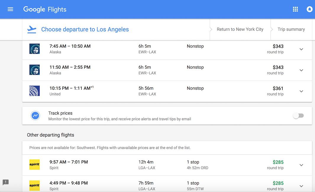Google Flights vybírá lety