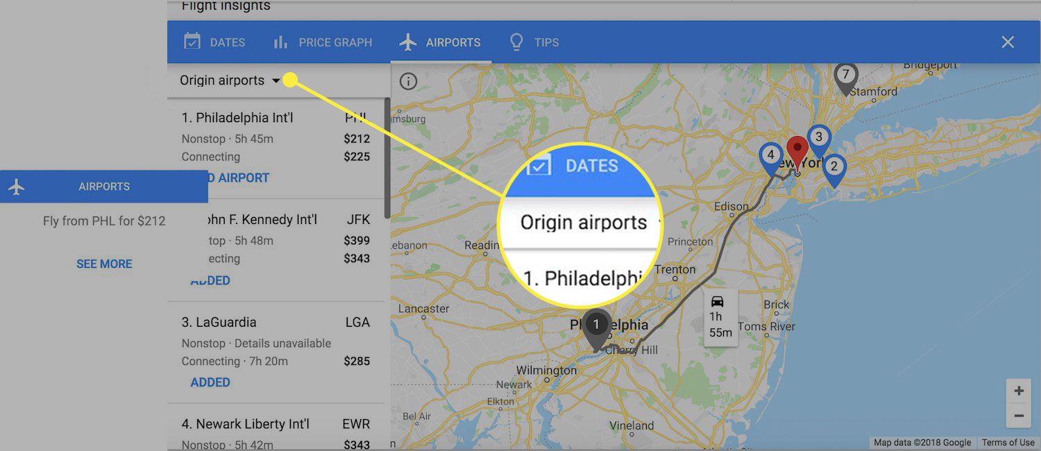 Snímek obrazovky letů Google se zvýrazněným nadpisem Letiště letišť
