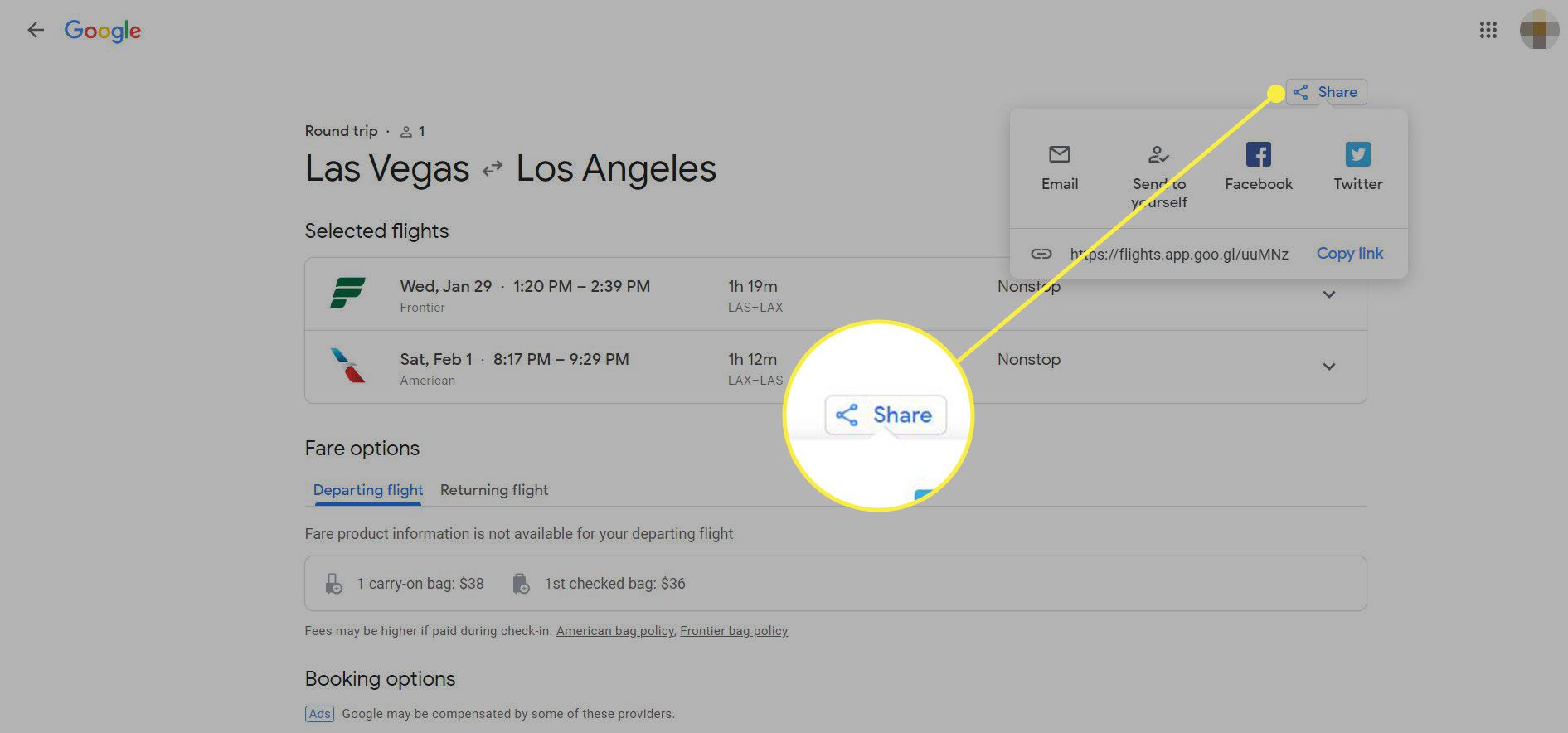 Snímek obrazovky letů Google se zvýrazněným tlačítkem Sdílet